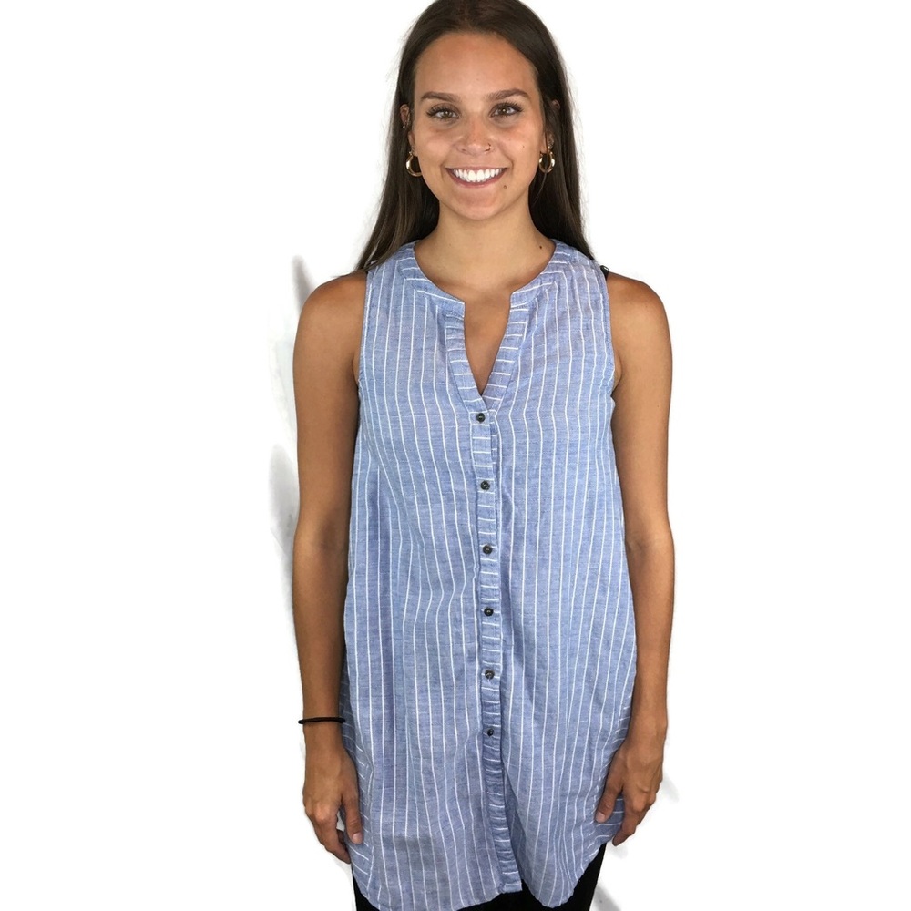 Umgee Blue and White Long Tunic or Dress Sleeveless Button front light Weight S